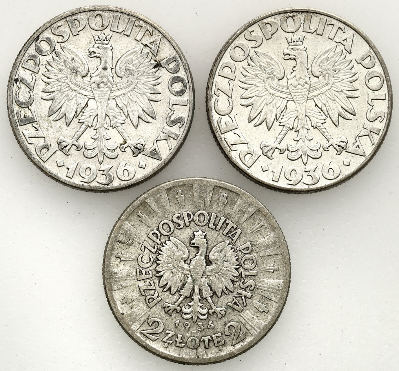 II RP. 2 złote 1934-1936 Piłsudski 1934 + Żaglowiec 1936, zestaw 3 monet